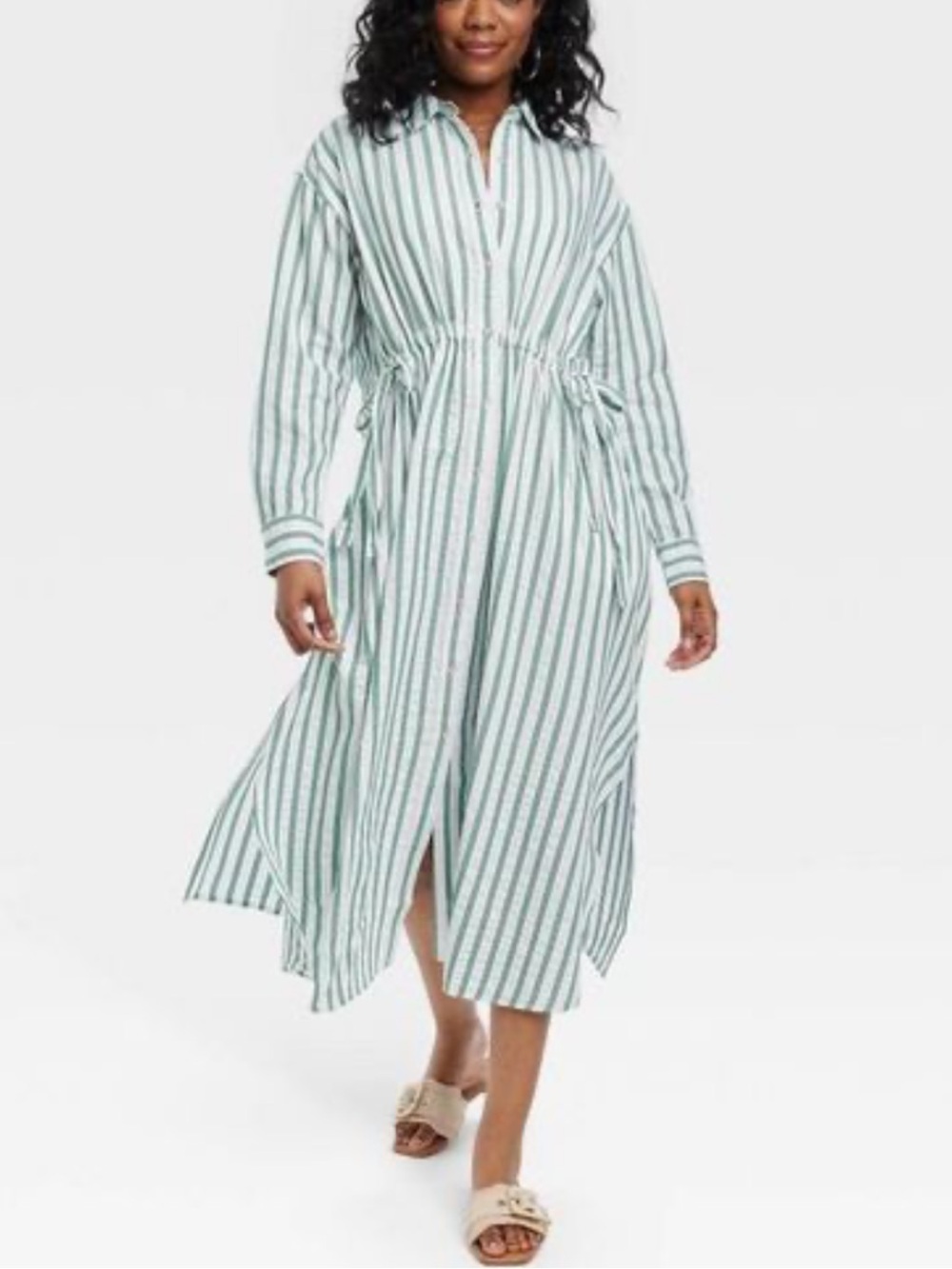 Universal Thread Green White Striped Cinch Waist Maxi Dress Size XL
